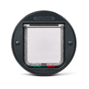 Cat Mate pet door with a grey circular frame which can be installed in to glass or walls and is suitable for average size cats on a white background