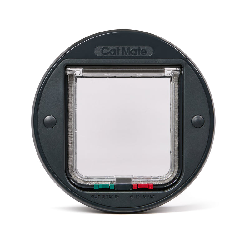 Cat Mate pet door with a grey circular frame which can be installed in to glass or walls and is suitable for average size cats on a white background