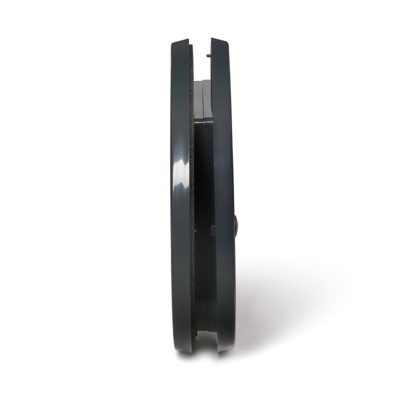 A side view of the grey cat door which is self lining up to one and a a quarter inches thick  which is suitable for installation in to glass panels. 