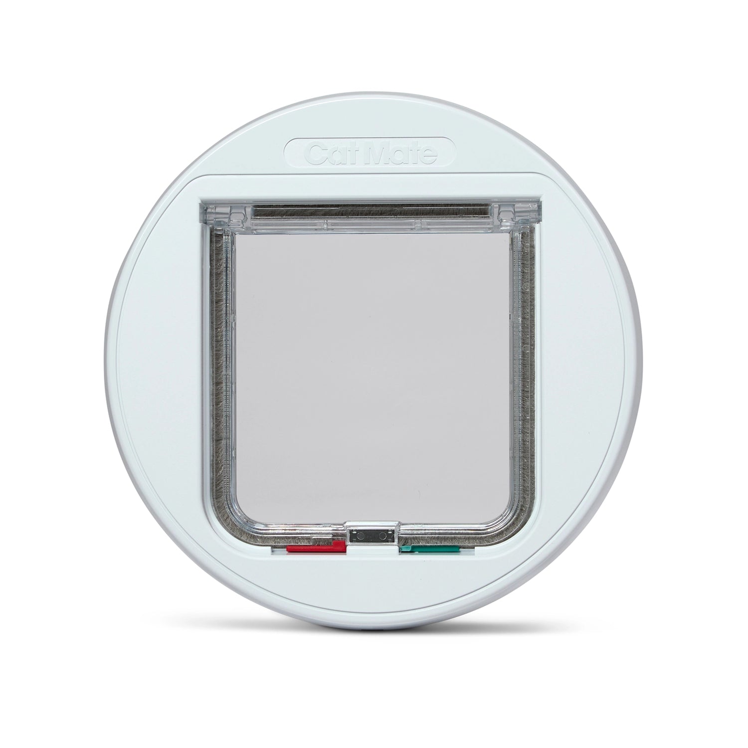 White manual pet door with clear flap and four way locks, suitable for average size cats on a white background