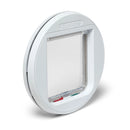 A back angle view of the white manual cat flap which can be installed in to glass and is suitable for small to average size cats on a white background 