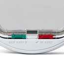 Close-up of the bottom part of the white cat flap  with 'OUT ONLY' and 'IN ONLY' labels below the green and red manual locks on a white background