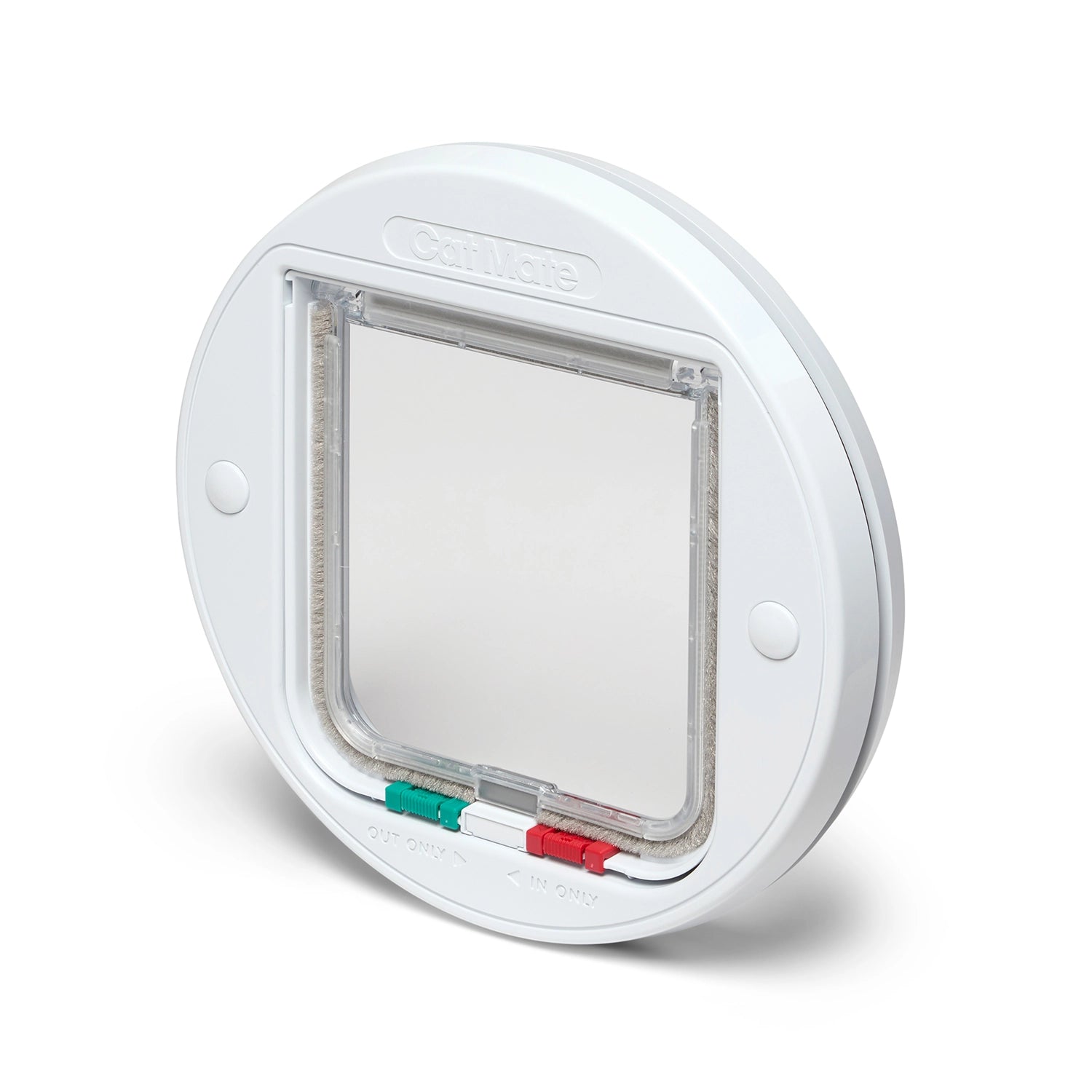 A front side angle of a pet door in white suitable for installation in to glass, thin UPVC or wooden doors to be used by small to average size cats 