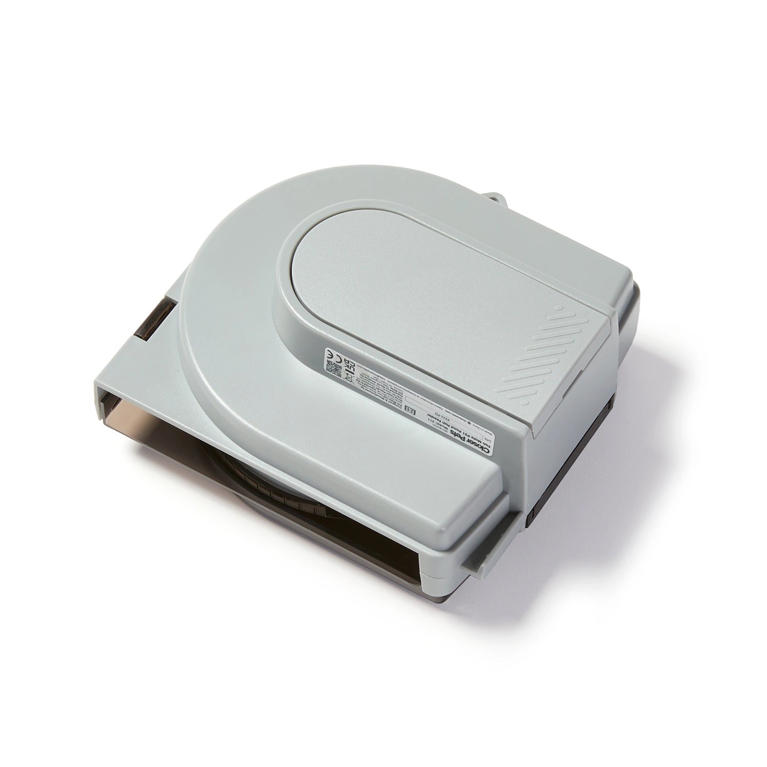 The rear view at the back of the feeder features a grey coloured casing, part of which is raised and contains the battery to power the device, on a white background 