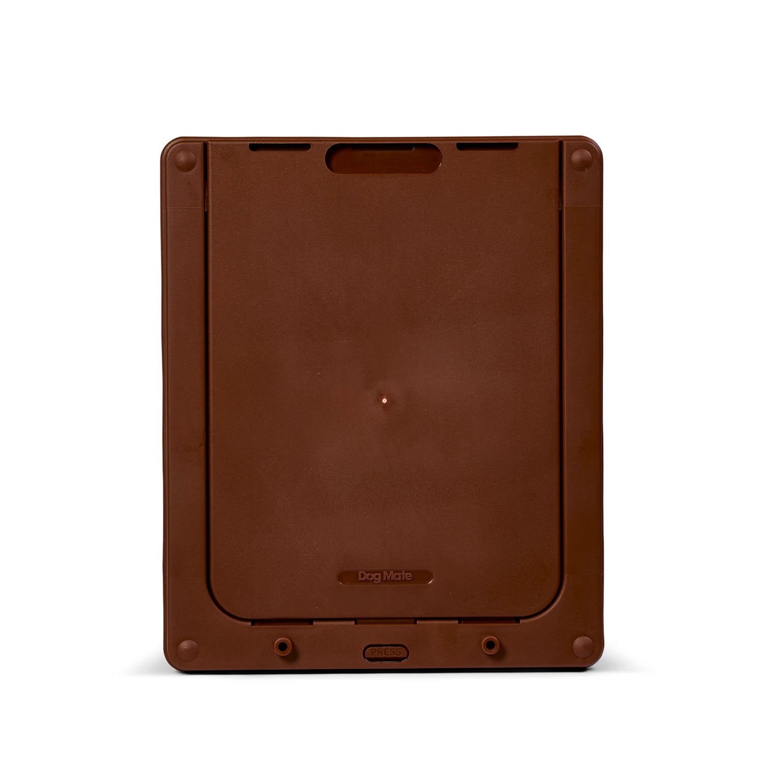 A rear view of the brown pet door for medium size dogs, and cats with the brown security panel lowered in place which locks and secures the clear flap