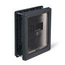 A side-angled view of the grey pet door for medium size dogs, which is self-lining up to two inches and is suitable for installation in to various door types and walls 