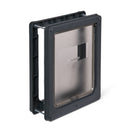 Side-angled view of the grey pet flap made by Dog Mate for medium size dogs which has a fully brush-sealed flap that is draught-proof and weather-proof 