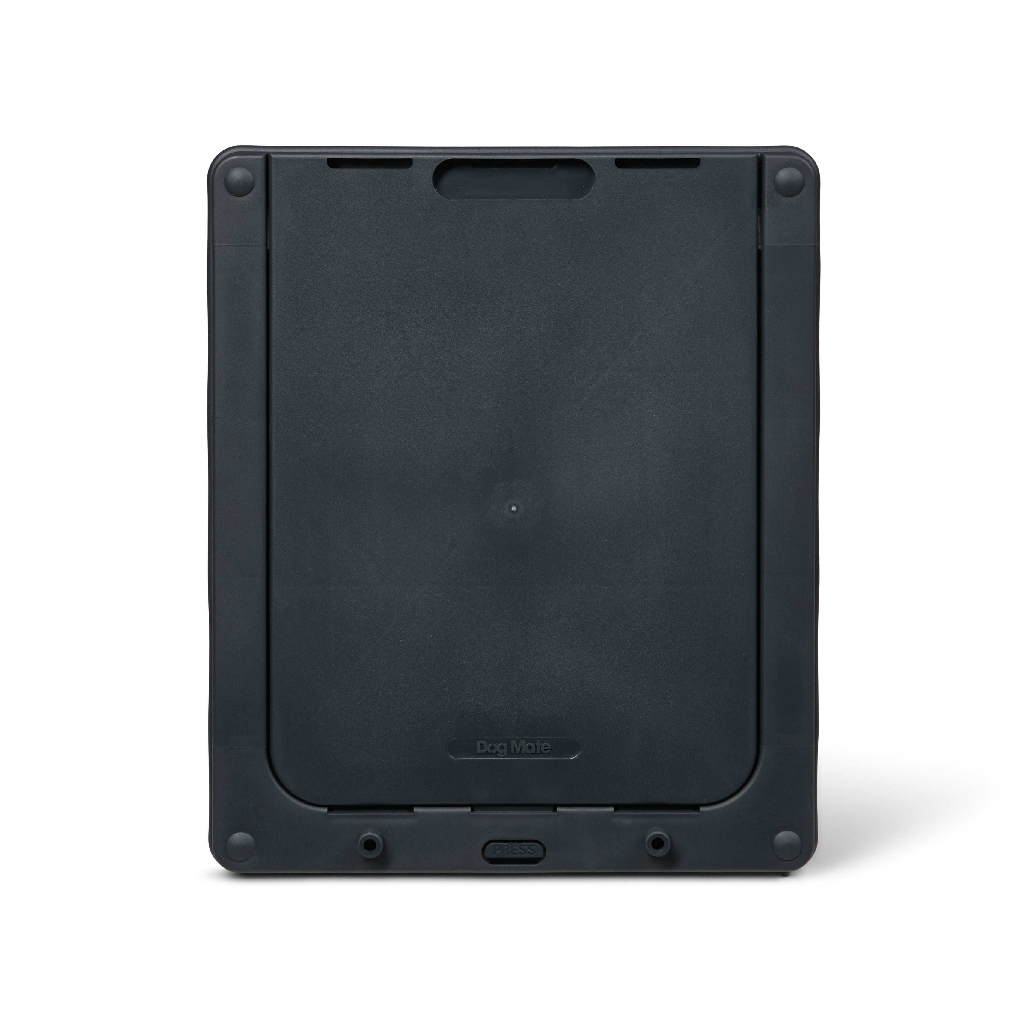 A front view of the back of the grey pet door for medium size dogs on a white background 
