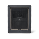 Front view of the medium dog door with a grey frame and frosted panel with a clear viewing window on a white background 