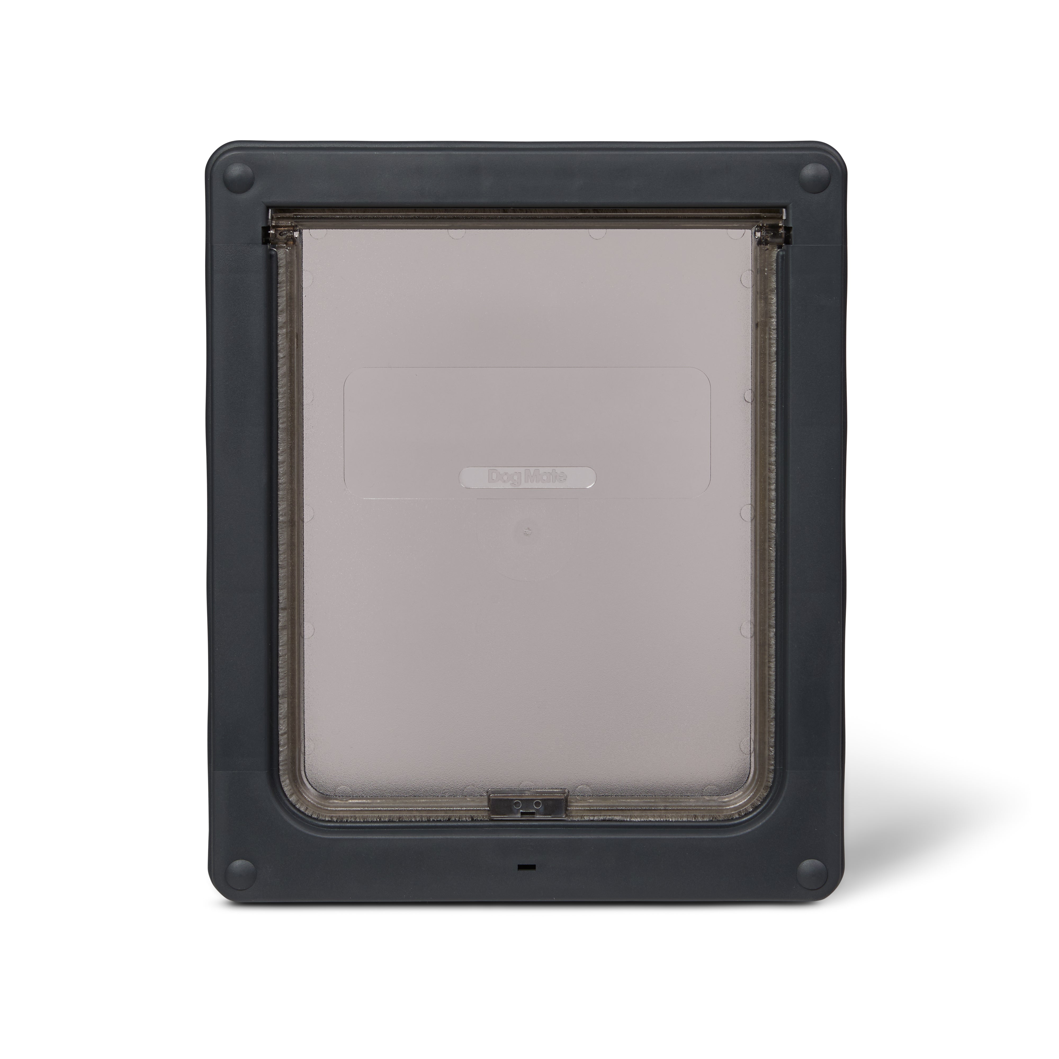 Pet door in grey with a translucent flap and magnetic closure which is suitable for all cat breeds and medium size dogs on a white background