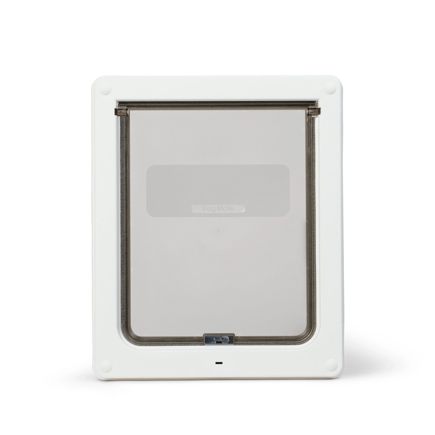  Front view of a white rectangular dog door with a frosted, semi-transparent flap. The flap features a horizontal clear window panel labelled 'Dog Mate' and a small locking mechanism at the bottom centre. The design is simple and modern, intended for medium-sized dogs such as spaniels, and cats on a white background 