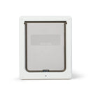  Front view of a white rectangular dog door with a frosted, semi-transparent flap. The flap features a horizontal clear window panel labelled 'Dog Mate' and a small locking mechanism at the bottom centre. The design is simple and modern, intended for medium-sized dogs such as spaniels, and cats on a white background 