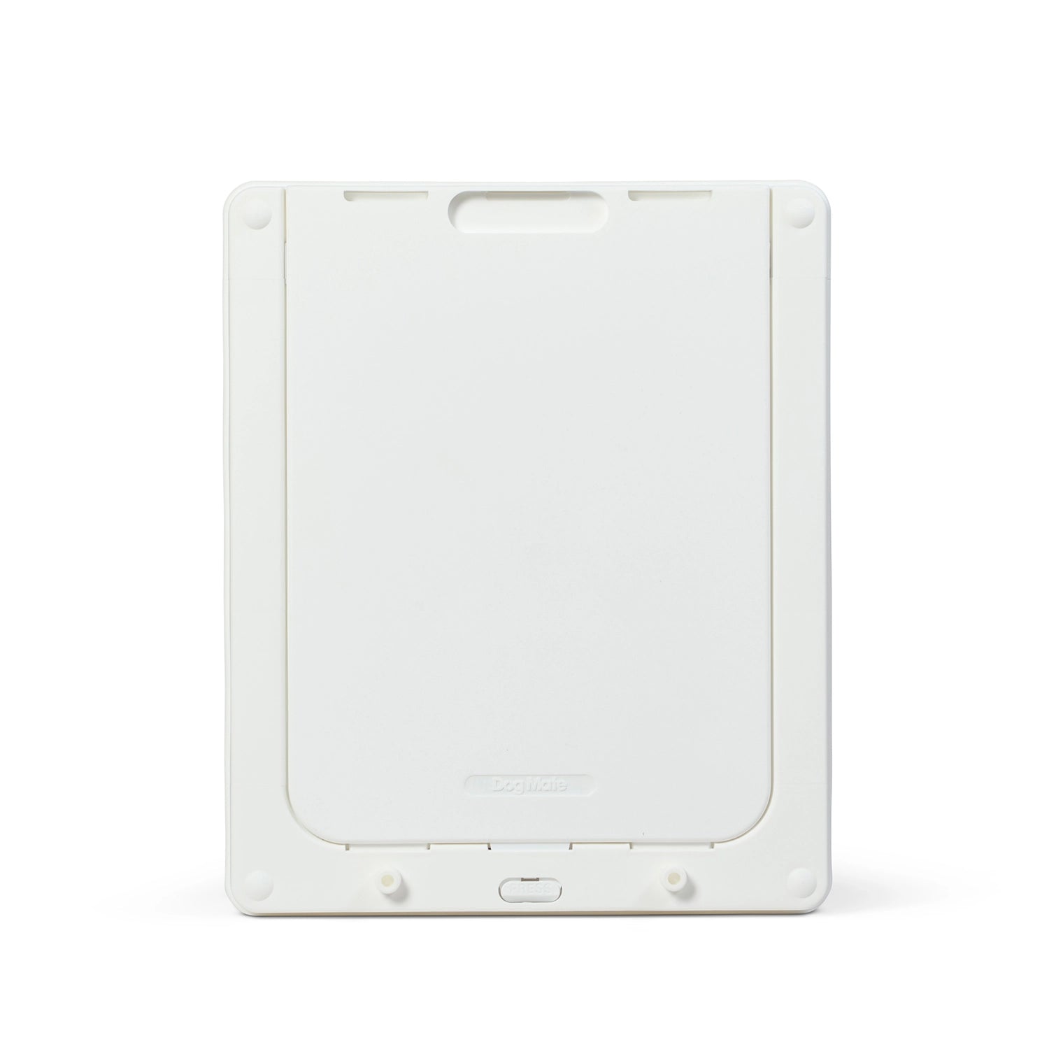 A white Dog Mate medium dog door with the two way locking security panel in position to keep pets from entering or exiting through the flap, on a white background 