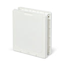 A side on view of the back of the white Dog Mate Pet flap for medium size dogs, as well as cats, which is suitable for installation in to UPVC, metal or  wooden doors or a wall, on a white background 