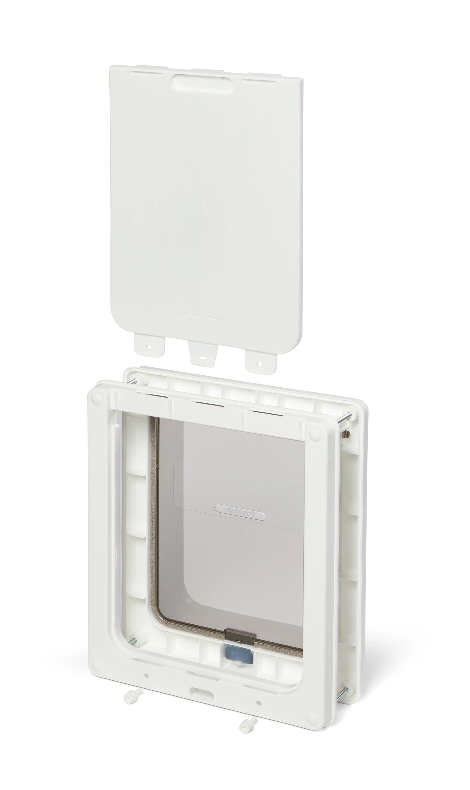 A composite view of the white medium dog door with a white two way locking security panel positioned above the frame of the pet door, to demonstrate the purpose of the locking panel, on a white background 