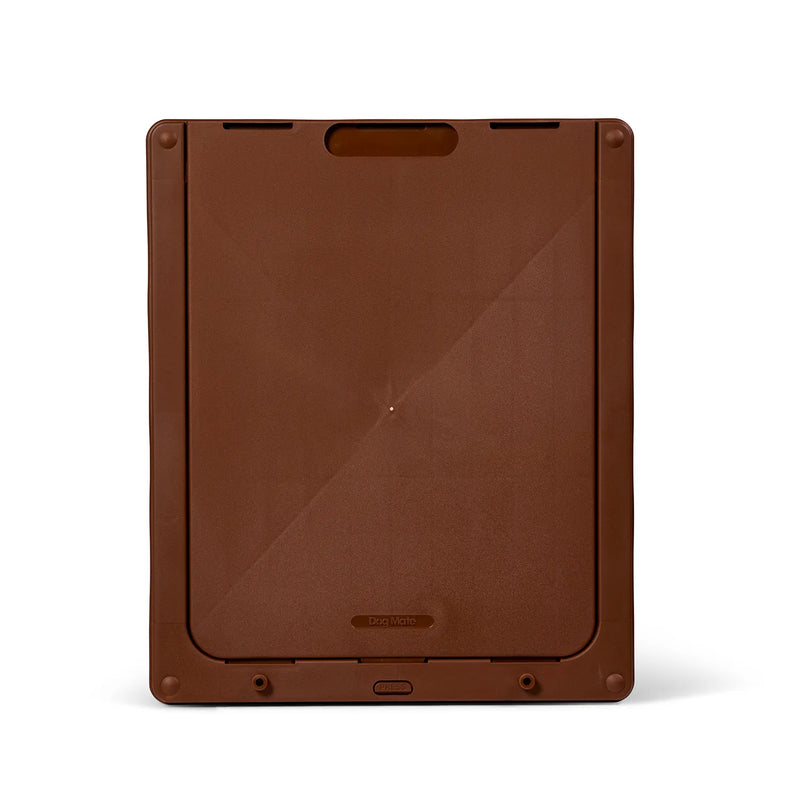 A rear view of the large dog door in brown on a white background with the two way locking panel slid down in place, on a white background 