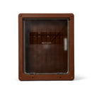 A brown plastic pet door which is suitable for large dog breeds such as Labradors and German shepherds, and is self lining up to two inches, with clear plastic panel on a white background