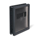 An angled view of the grey pet door made by Dog Mate for larger dogs which is self-lining up to two inches thick and has a robust locking panel 