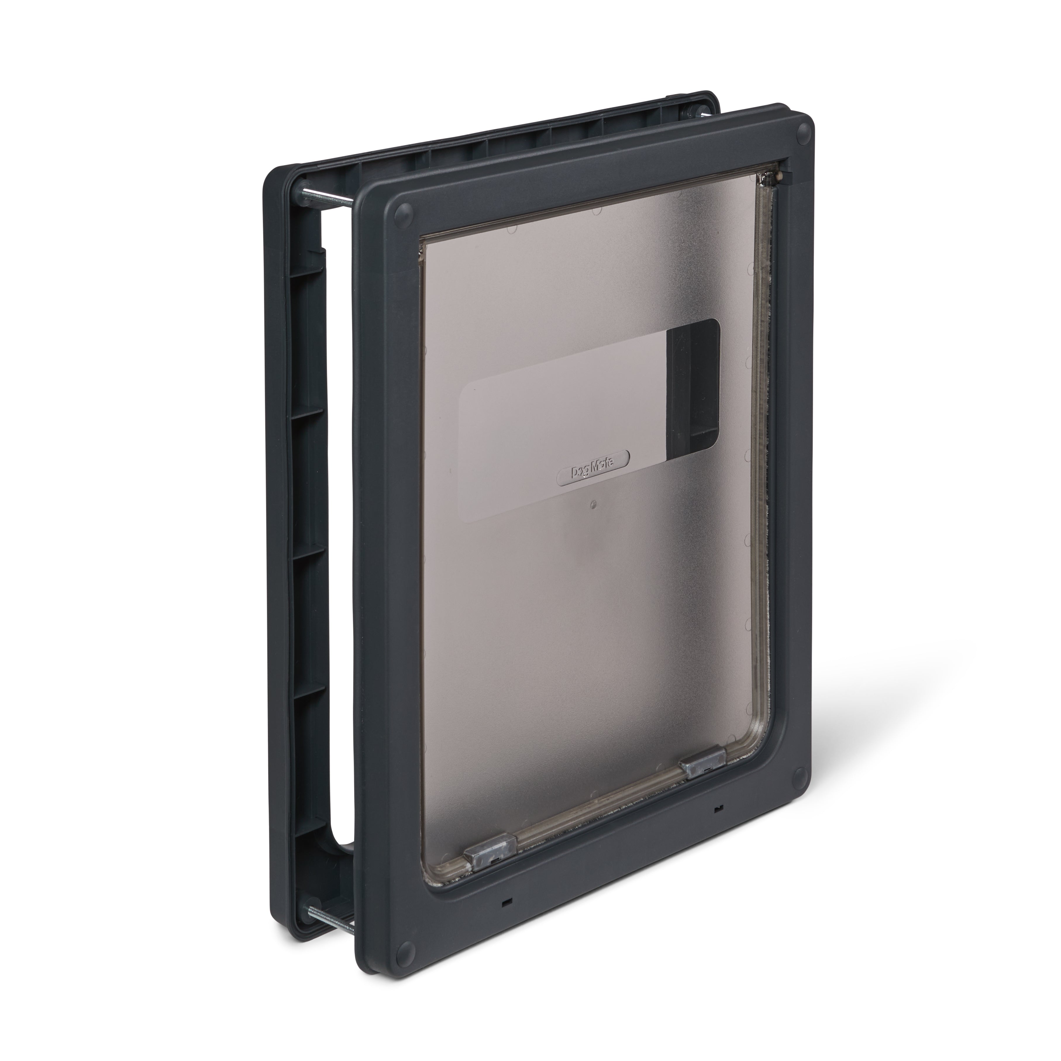 An angled view of the pet door for larger dog breeds, in grey, which is manually locked using the locking panel to control a pet's access 