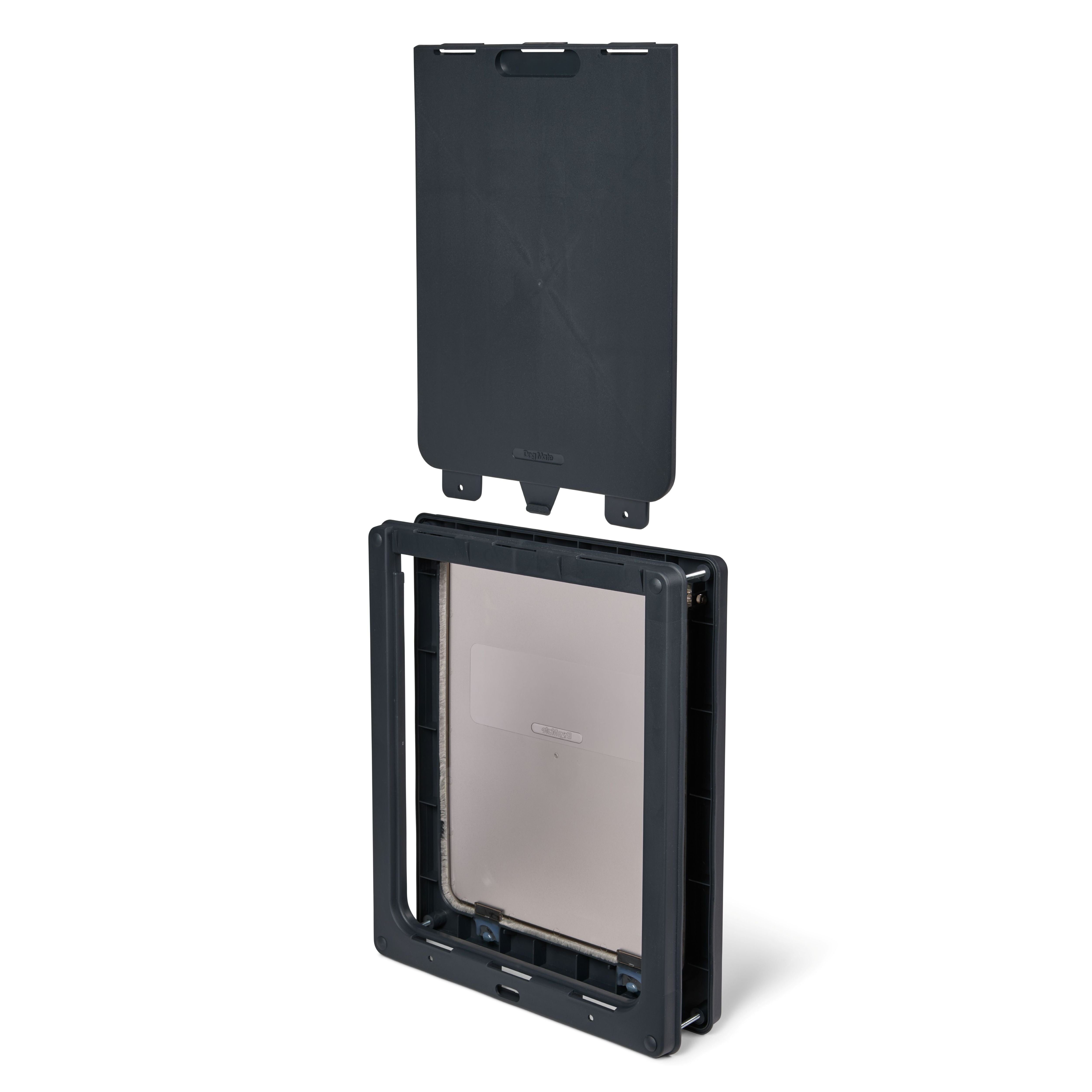A grey pet door with manual locking panel positioned above, suitable for larger size dog breeds, on a white background