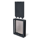 A grey pet door with manual locking panel positioned above, suitable for larger size dog breeds, on a white background