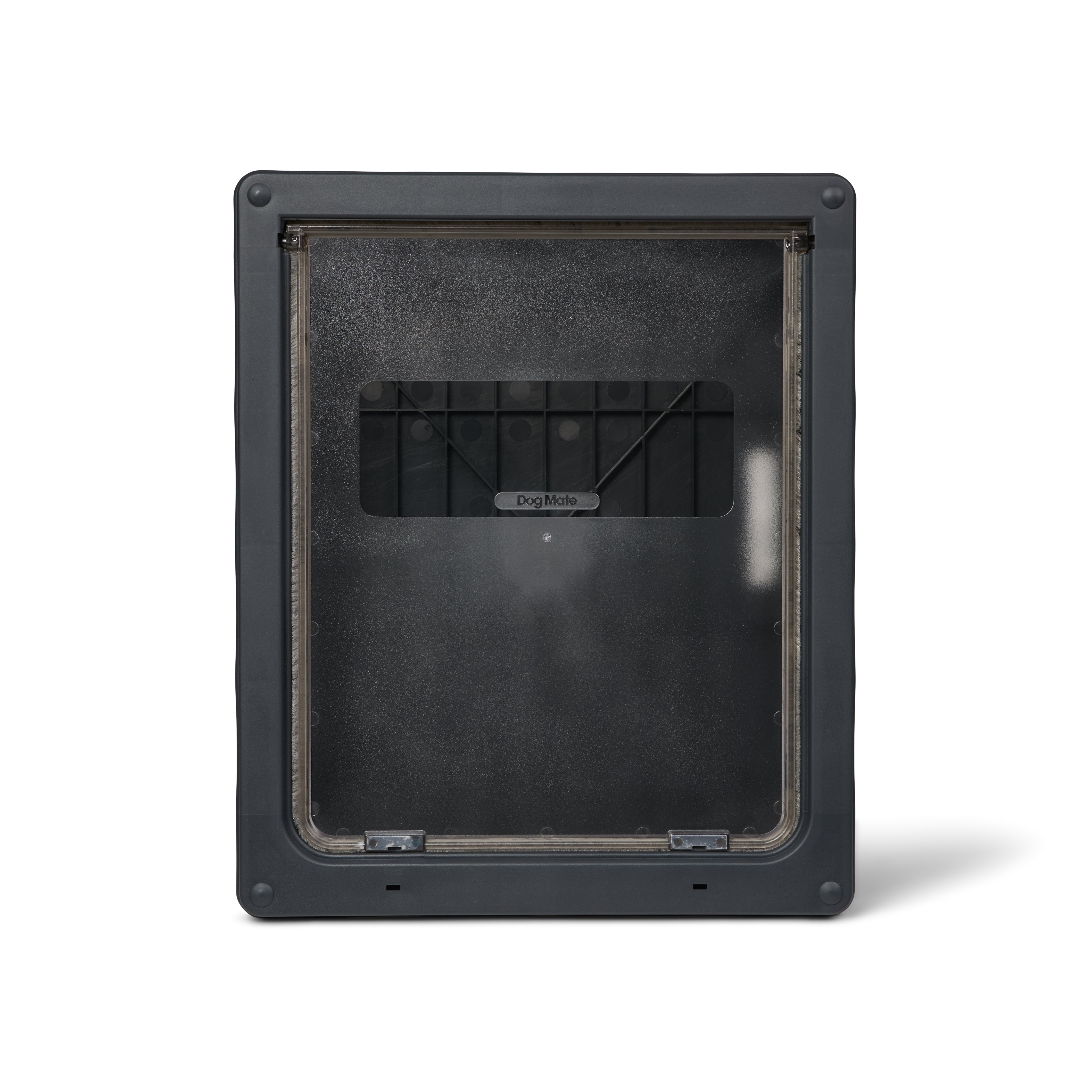 Grey pet door frame with a translucent flap and clear rectangular viewing window suitable for larger dogson a white backgrounds 