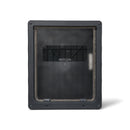 Grey pet door frame with a translucent flap and clear rectangular viewing window suitable for larger dogson a white backgrounds 