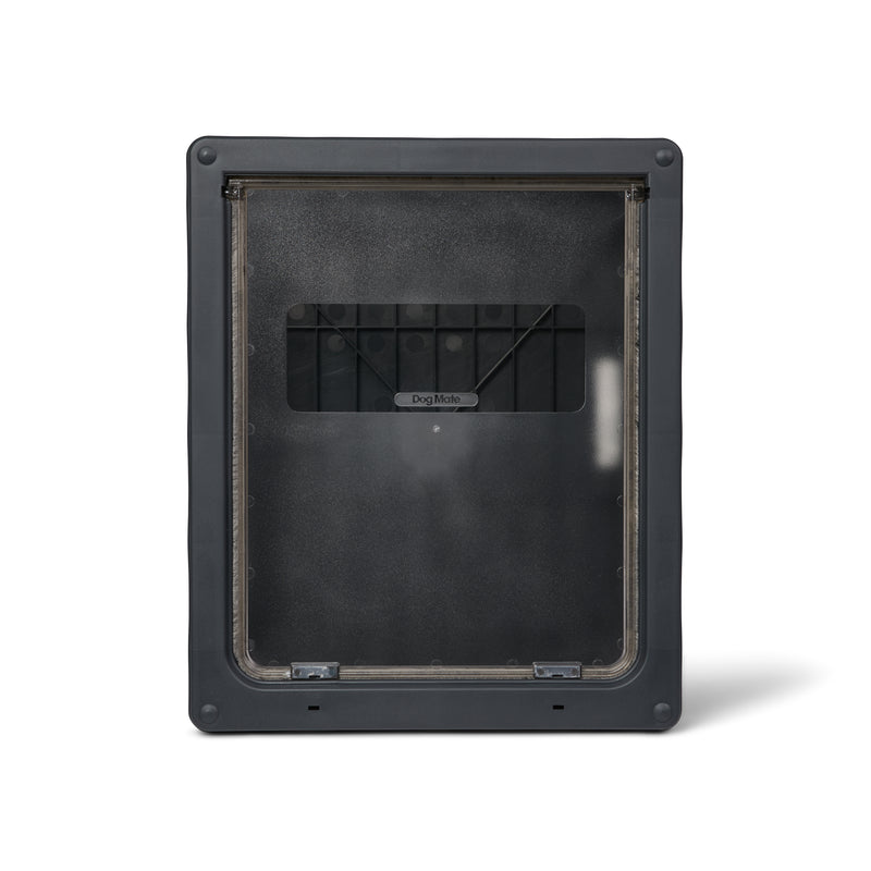 Grey pet door frame with a translucent flap and clear rectangular viewing window suitable for larger dogson a white backgrounds 