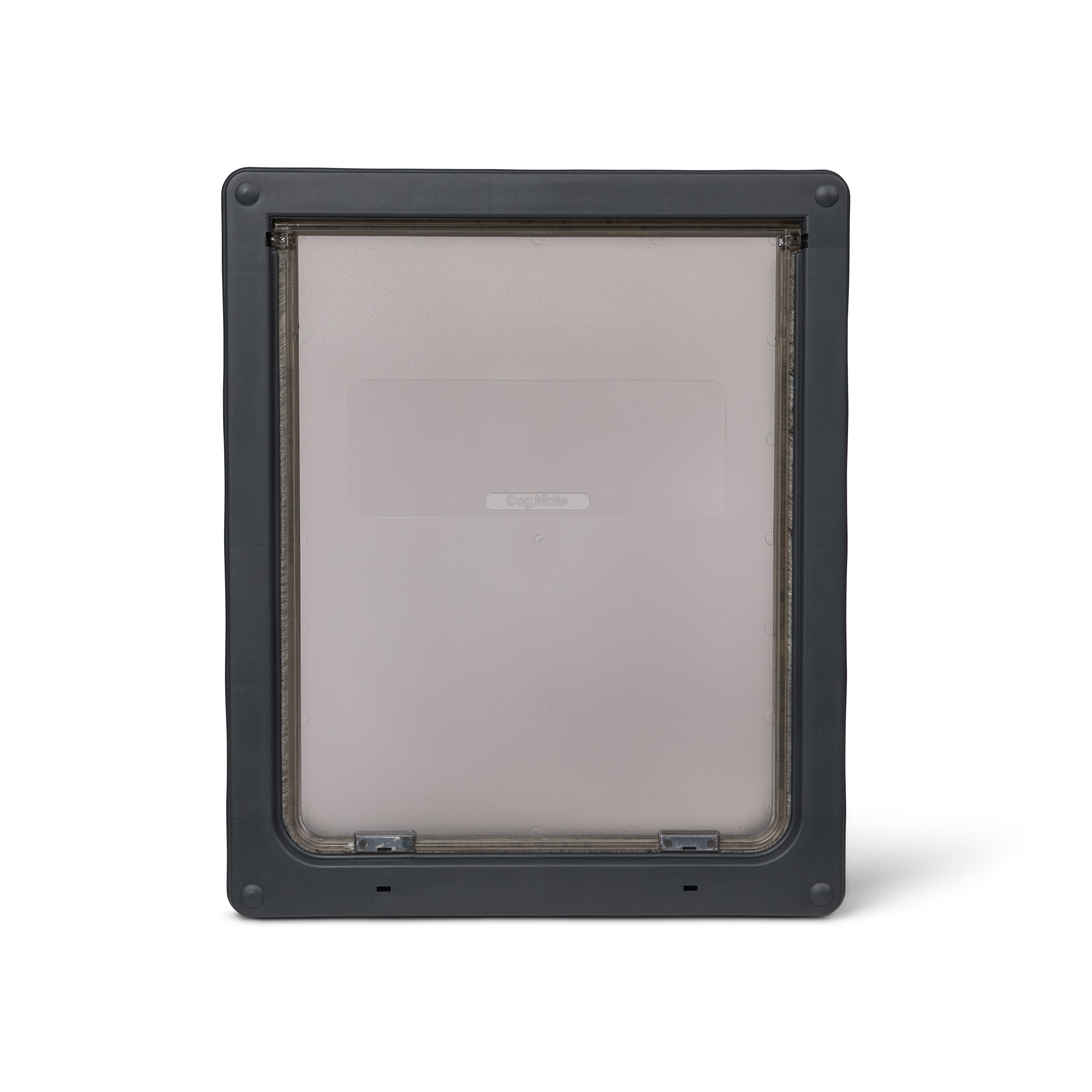 Pet door with grey frame and translucent flap for larger dogs and cats  which can be installed in to a variety of door types on a white background
