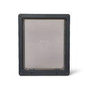 Pet door with grey frame and translucent flap for larger dogs and cats  which can be installed in to a variety of door types on a white background