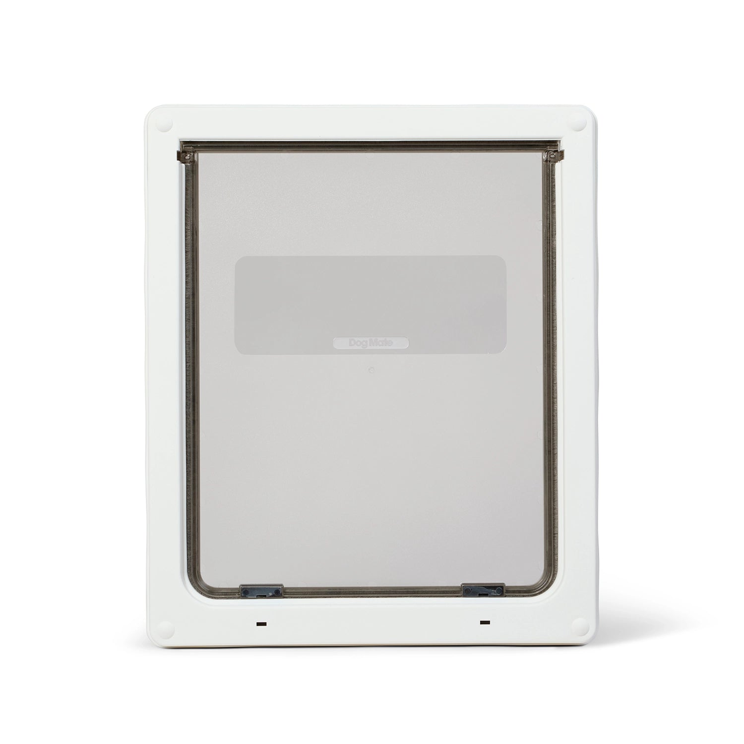 Front view of a white pet door for large dogs such as German shepherds with a clear flap on a white background