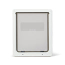 Front view of a white pet door for large dogs such as German shepherds with a clear flap on a white background