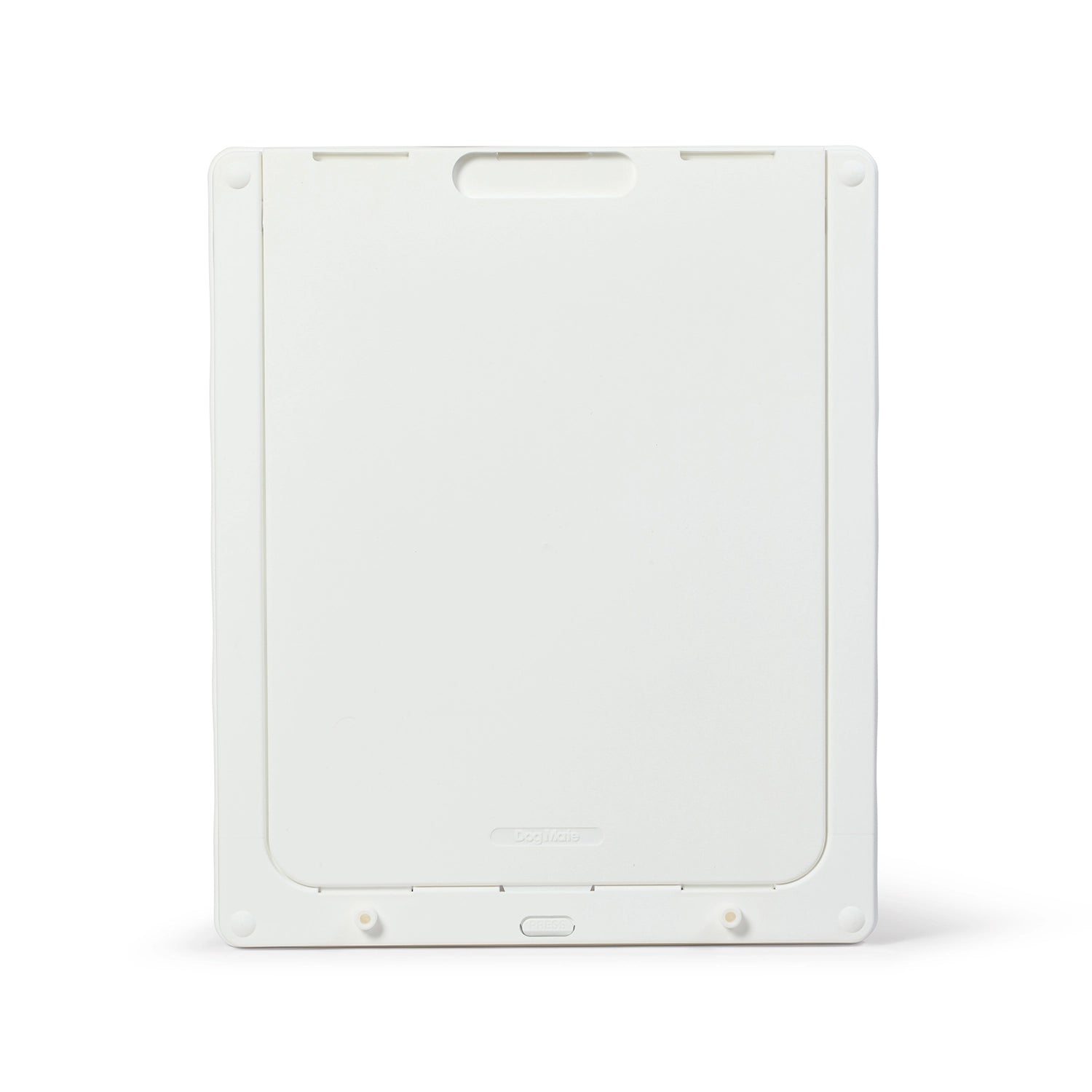 A rear view of the large white dog flap made by Dog Mate for larger dog breeds such as German shepherds on a white background 