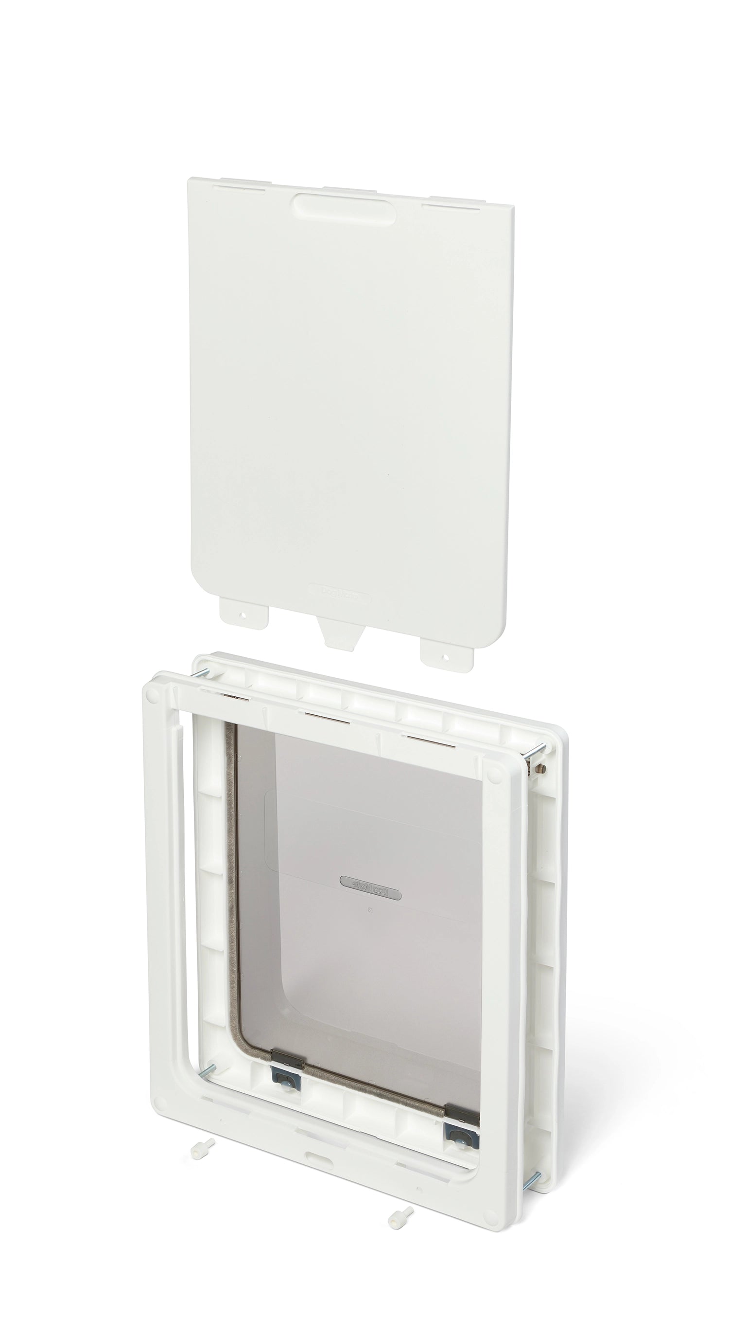 A white pet door frame with the white two way locking security panel positioned above it to demonstrate its purpose, on a white background 