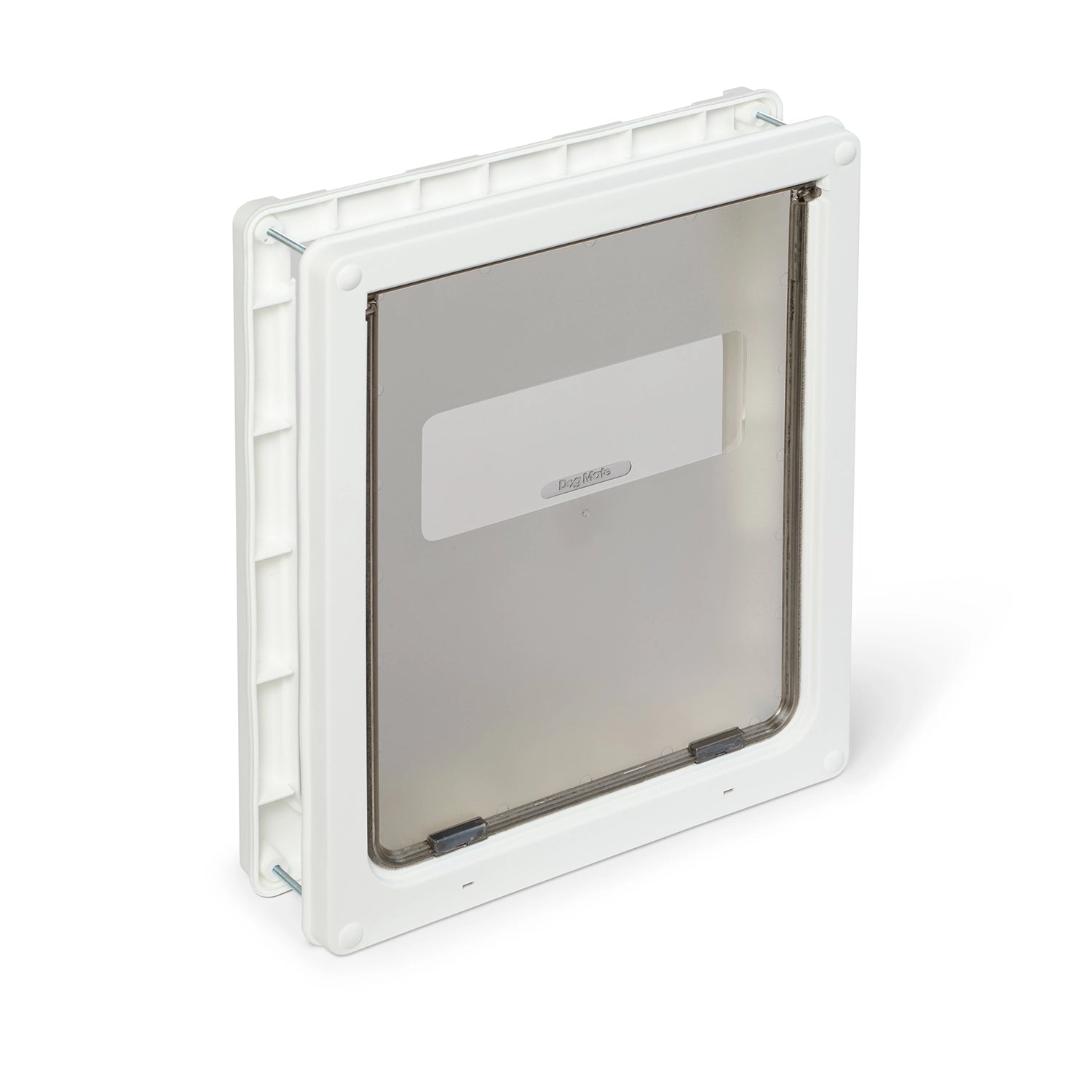 A side angle view of the white pet door for larger dog breeds with a clear flap on a white background
