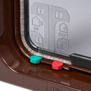 Pet door frame in brown for large cats with manual lock mechanisms in red and green on a white background