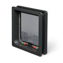 A grey pet flap with a clear coloured panel which is suitable for large cats and small dogs, and can be fitted in to many different types of door (except glass)