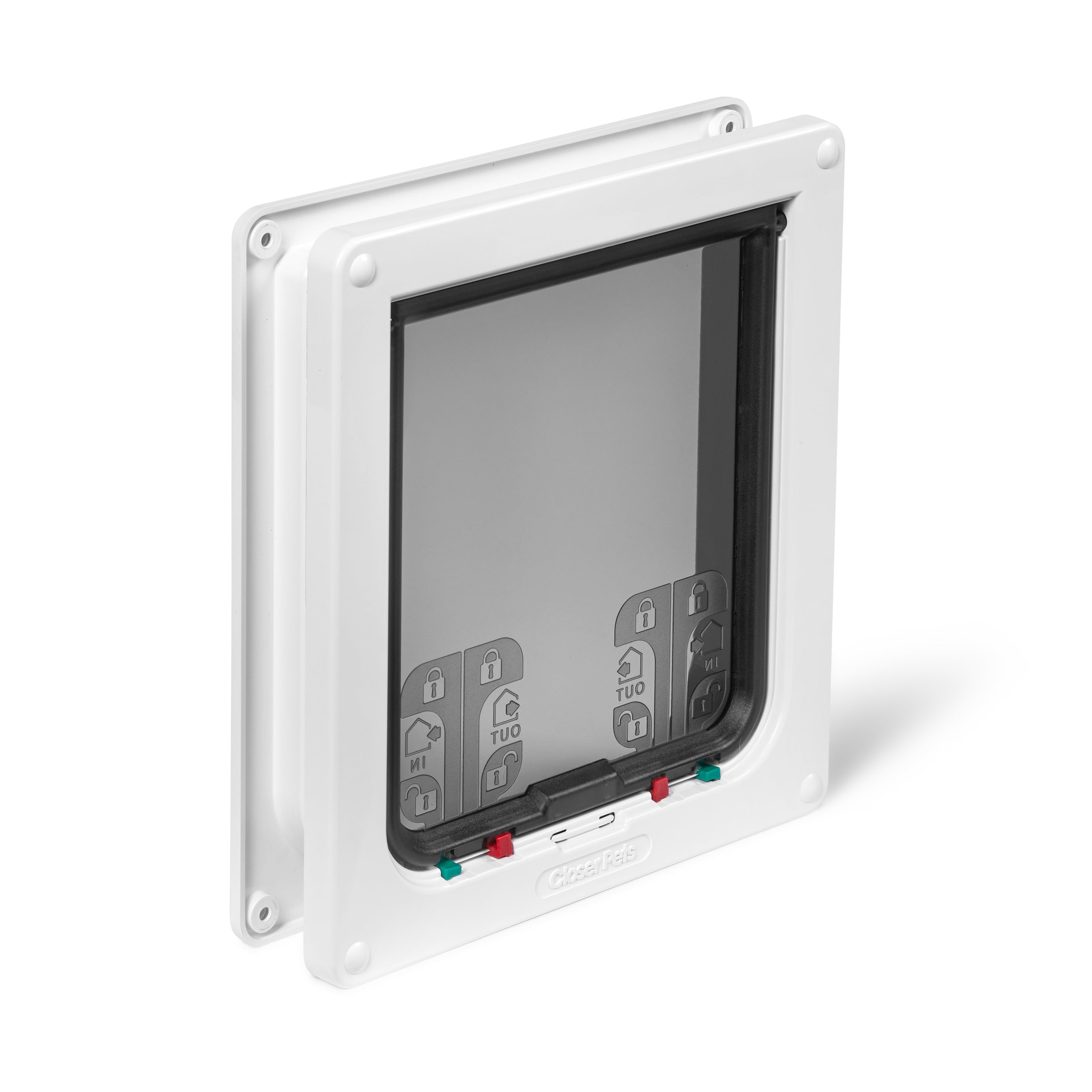 A side on view of the white-framed pet door with four-way manual locks, draught-proof and weather-proof brushing and a magnetic closure on a white background 