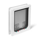 A side on view of the white-framed pet door with four-way manual locks, draught-proof and weather-proof brushing and a magnetic closure on a white background 