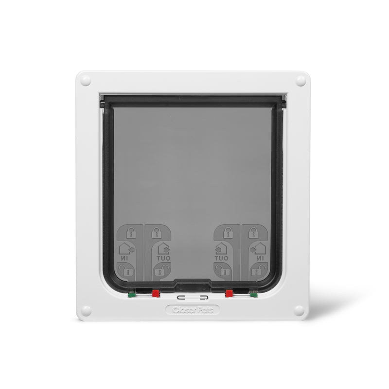A white door frame and clear flap that is suitable for large cats and small dogs made by Cat Mate on a white background 