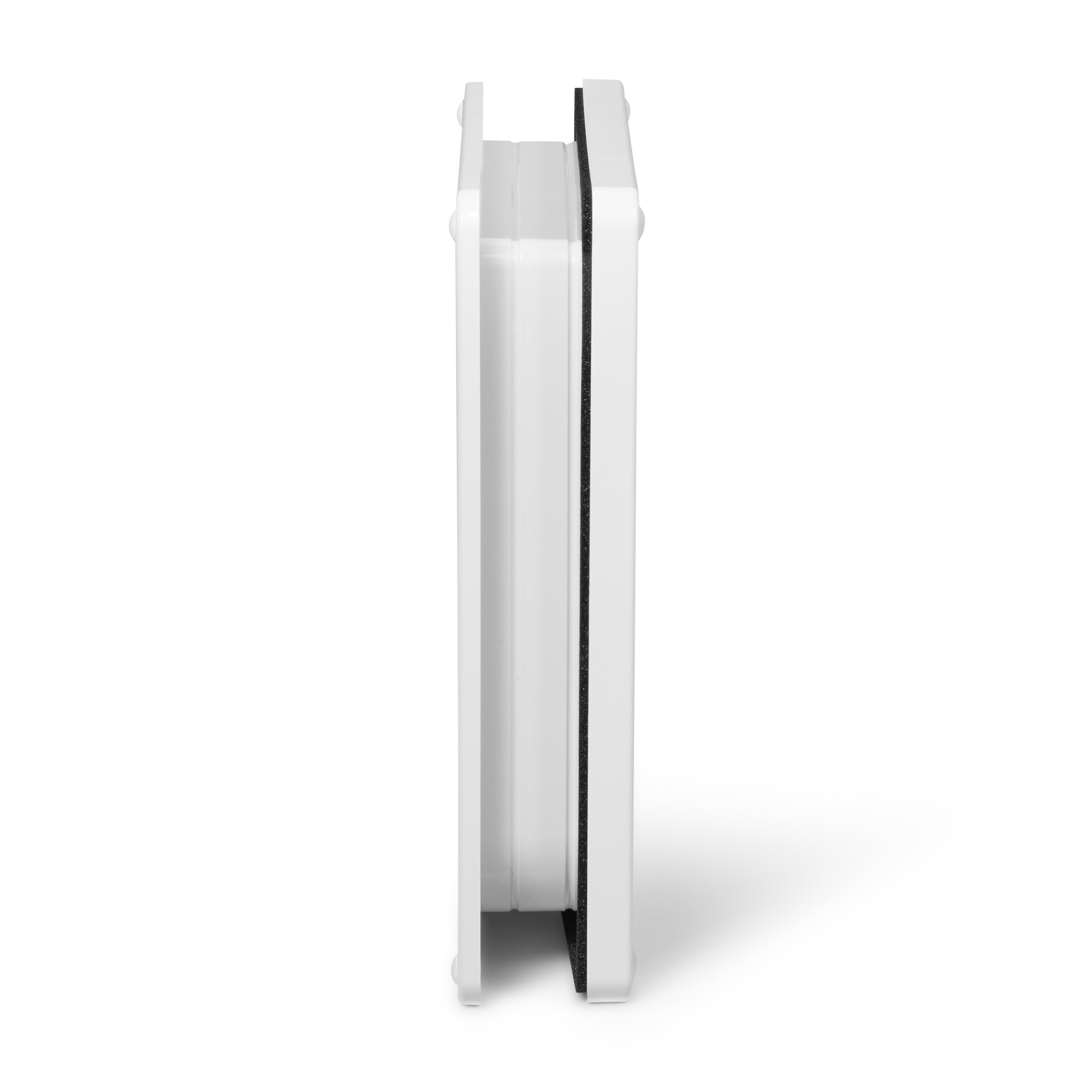 A side view of the white pet door frame for large cat breeds, which is self-lining up to two inches thick which is suitable for installation in to all doors and thin panels, on a white background 