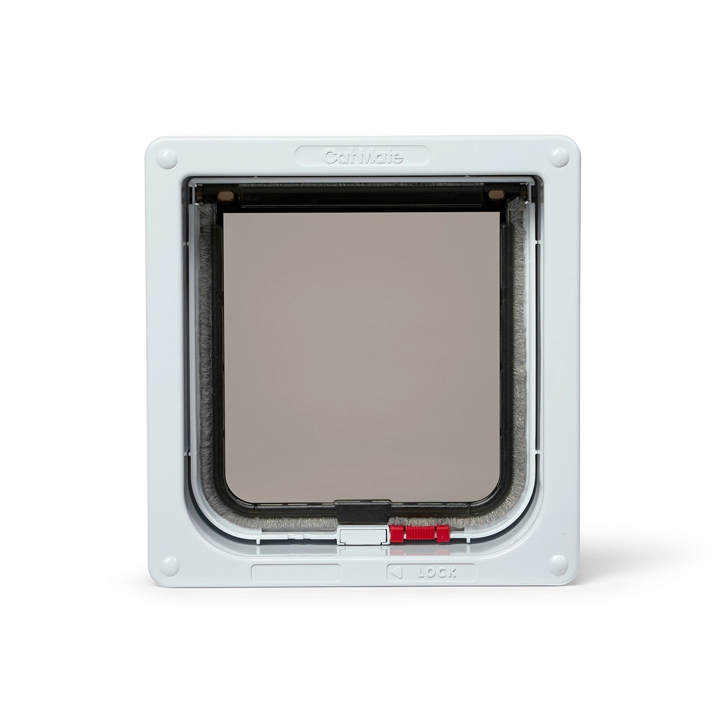 A white pet door with a clear flap suitable for average size cats, with a two way lock and is self lining up to two inches on a white background