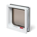 A side on angle view of the back of the lockable cat flap in white, on a white background 