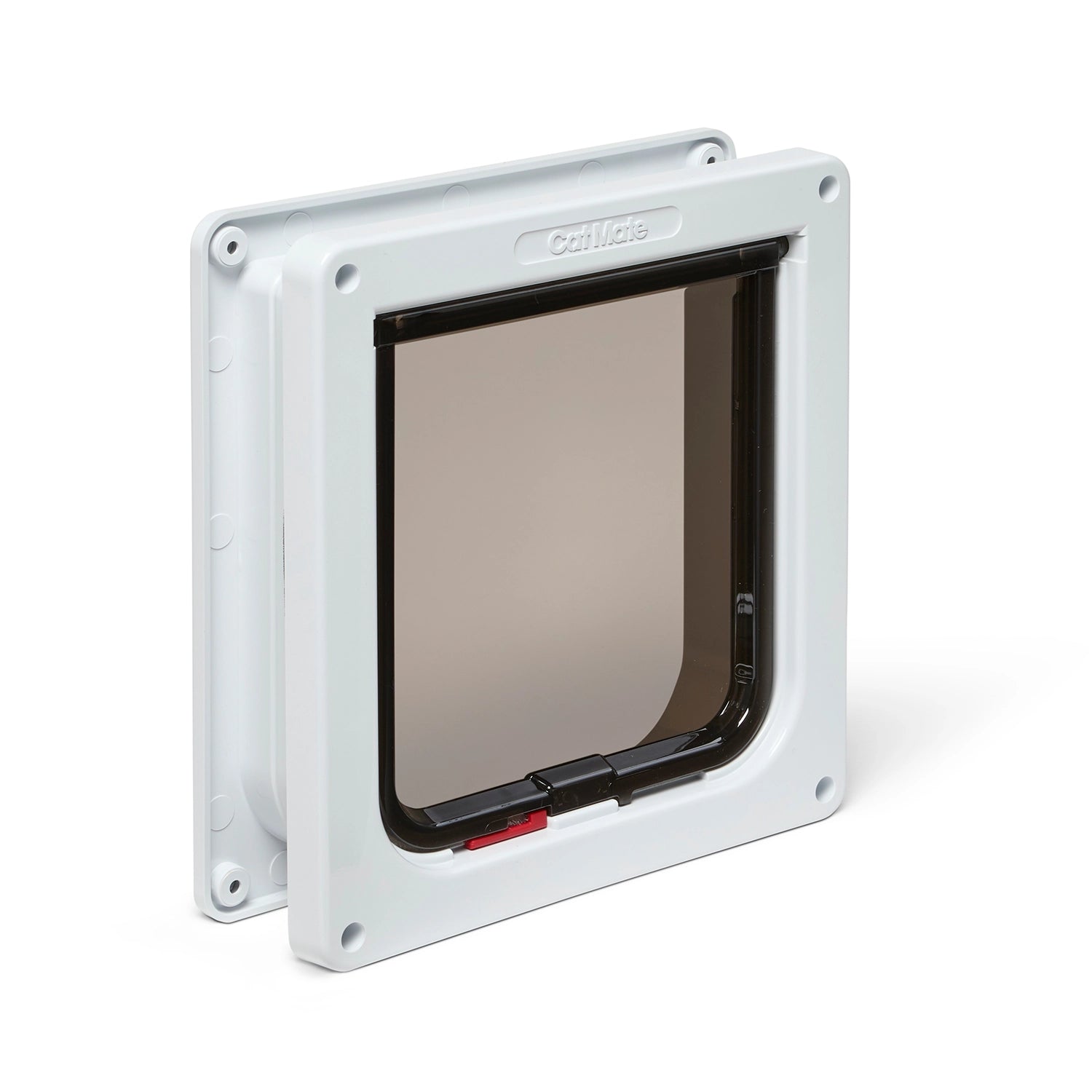 A front side angle of the white lockable cat flap with a door liner that is self lining up to two inches which makes it ideal for various types of door and wall, on a white background 