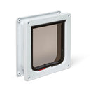 A front side angle of the white lockable cat flap with a door liner that is self lining up to two inches which makes it ideal for various types of door and wall, on a white background 