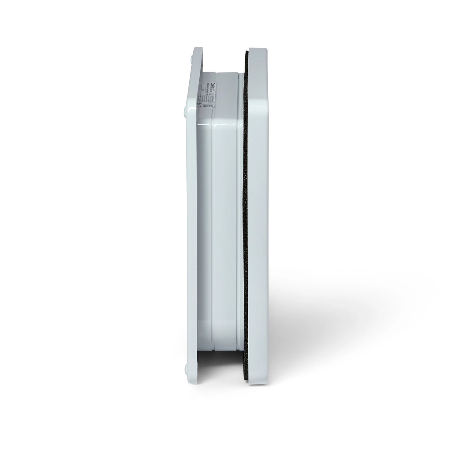 A side on view of the white lockable cat flap with door liner, on a white background 