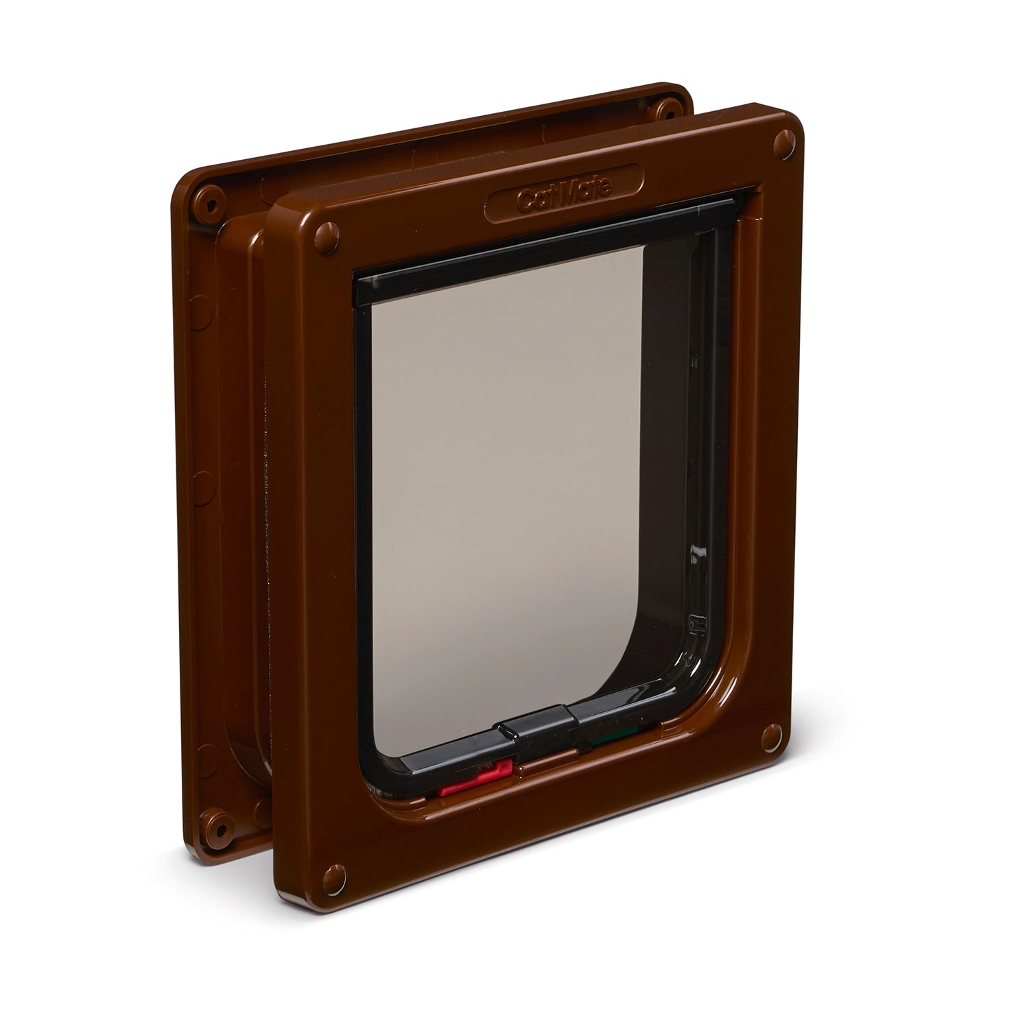 Brown pet door with a clear flap on a white background