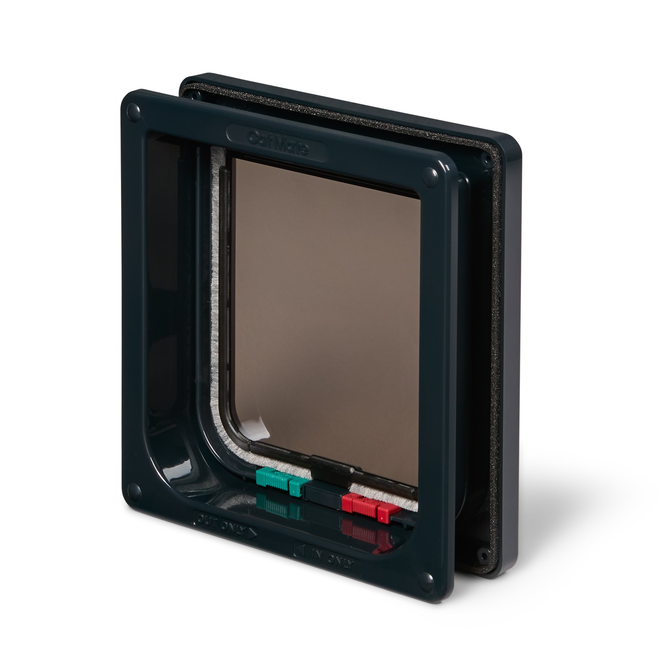 A view of the back of the cat door in grey which has a magnetic closure and draught-proof and weather-proof brush sealed flap