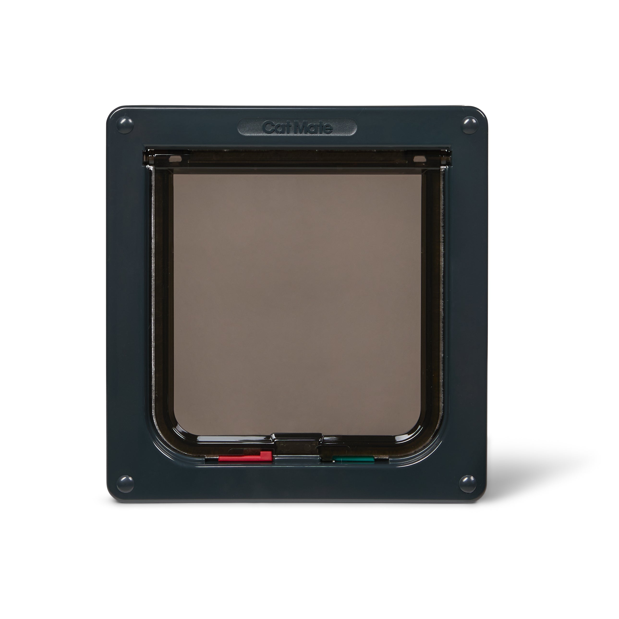 A pet door made by Cat Mate with a grey frame and clear flap which is suitable for small to average size cats, on a white background 