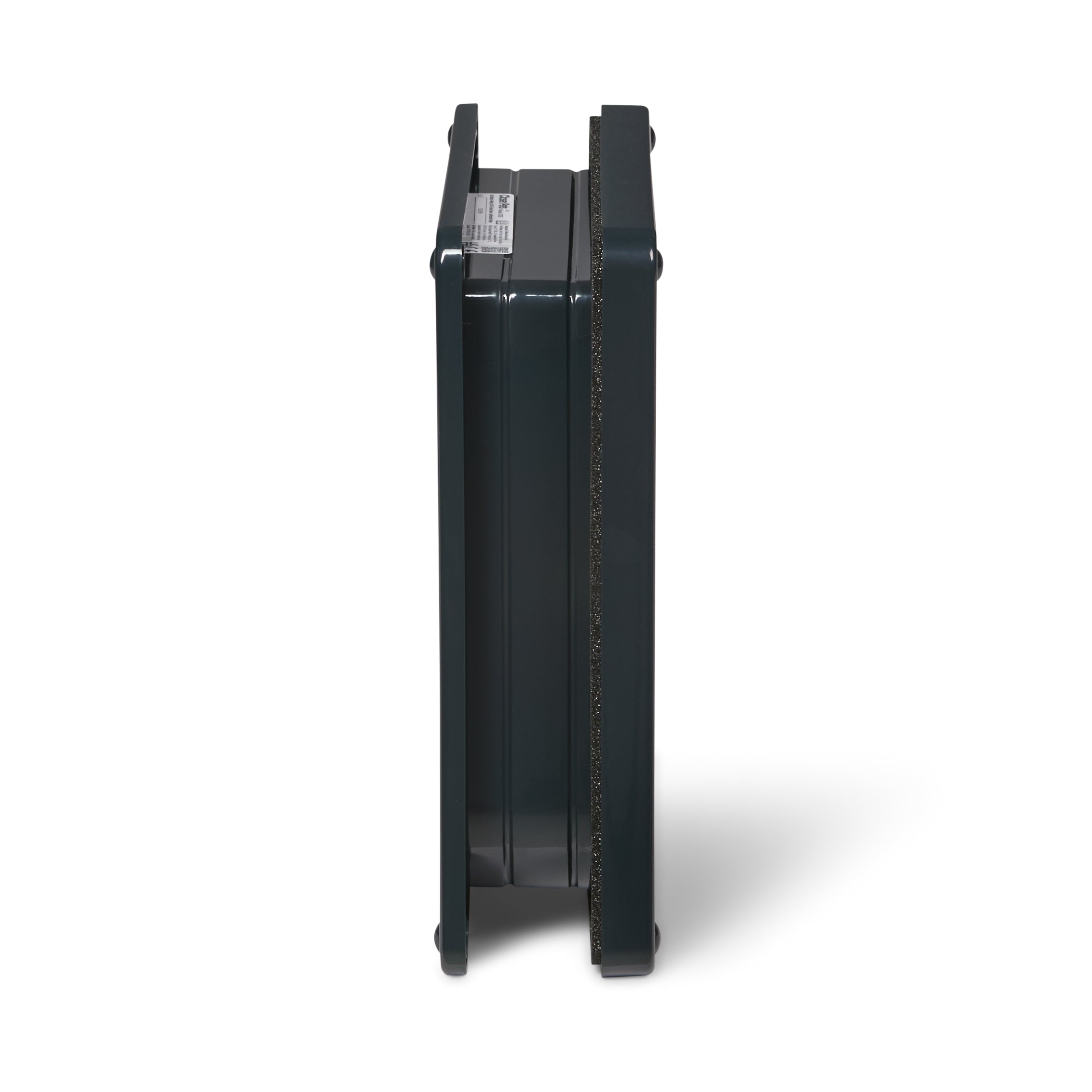 A side view of the grey-framed cat door which is self-lining up to two inches thick and is suitable for installation in to a wide variety of door types and walls, on a white background 